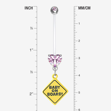 Detail View 1 of Heart Gem Sparkle Baby On Board Dangle Bio-Flex Pregnancy Belly Button Ring-Pink